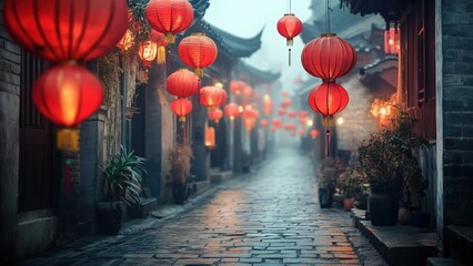 Charming Street Decorated with Red Lanterns in a Misty Alley