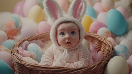 Fototapeta premium A cute baby nestled in a basket surrounded by colorful Easter eggs, capturing the joy of the holiday.