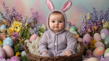 Fototapeta premium A baby nestled in a basket surrounded by colorful Easter eggs in a sunny field, celebrating the joy of Easter.