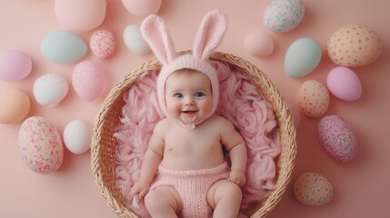 Fototapeta premium A baby in a basket surrounded by colorful Easter eggs and wearing a cute bunny hat, celebrating the joy of Easter.