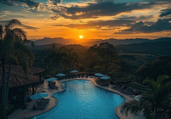Beautiful swimming pool in the evening at an all-inclusive resort hotel
