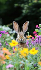Fototapeta premium A rabbit sits surrounded by colorful flowers in a sunny field, embodying the joy and beauty of Easter.