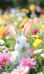 Obraz premium A white rabbit sits peacefully among colorful flowers in a vibrant field, embodying the spirit of Easter and springtime joy.