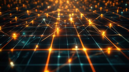 A wide interconnected financial pattern with rhythmic pulses of energy drawn between glowing nodes scattered with infinite depth amongst digital grids and streaks