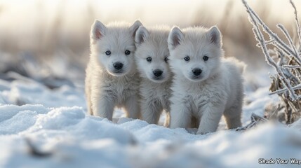 Naklejka premium Three adorable white husky puppies playing in snowy winter field.