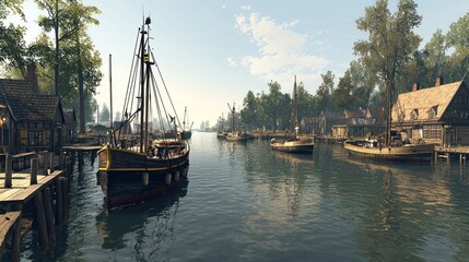 Colonial canal harbor sunrise, boats, waterway, village, morning, travel, history, game, illustration