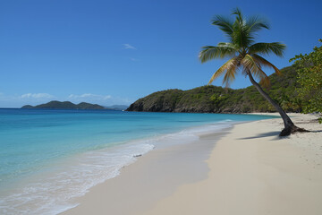 Pristine Tropical Beach with White Sand, Turquoise Water, and Palm Trees