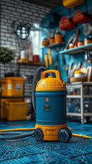 Fototapeta premium Colorful vacuum cleaner in a well-organized workshop filled with tools and equipment