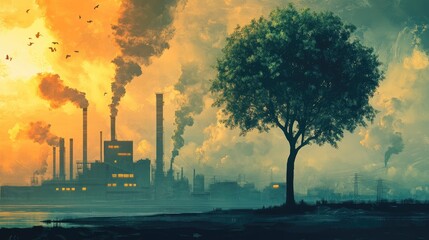 Obraz premium Industrial Sunset: A Lone Tree's Resilience Amidst Pollution