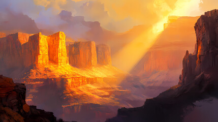 Fototapeta premium Fiery sandstone walls illuminated by a narrow beam of light, arizona landscape, canyon. Radiant Canyon. Illustration