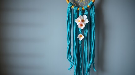stock photo A handmade cotton macrame dreamcatcher with pastel flowers, intricate woven patterns, hanging against a gray textured wall. 