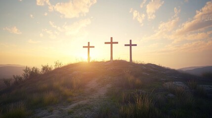 Three crosses on a hill at sunset