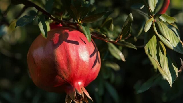 Discover the beauty of ripe pomegranates hanging on a tree branch in a sunny garden during the golden hour of early evening, highlighting the vibrant red color and lush green leaves
