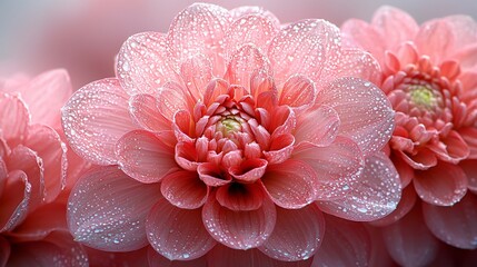 Close-up of dew-covered pink dahlias.