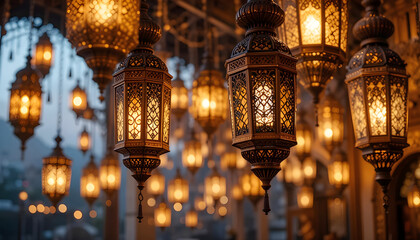 Obraz premium Arabic Ramadan Kareem background in a light lanterns banner.