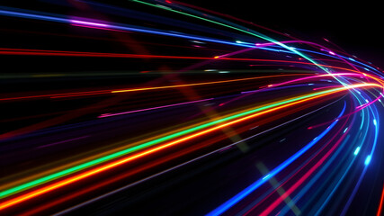 Neon colored lights and speed glow lights on black background. Generative AI