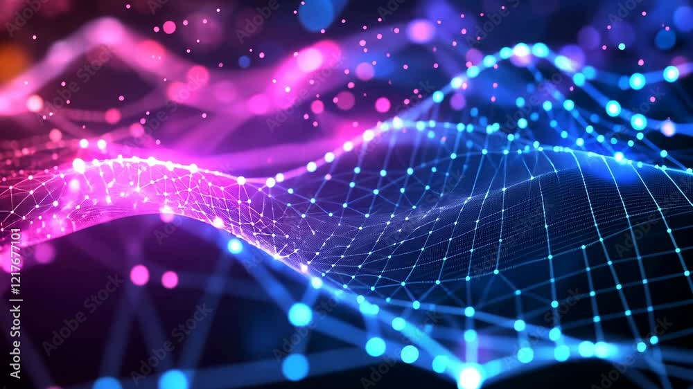 Fototapete Video with a mesmerizing digital world where interconnected points converge to form a dynamic grid structure. Illuminated by vibrant blue and pink lights, the points create a stunning visual display