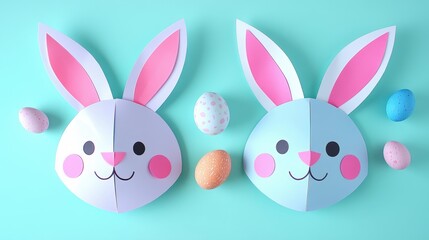 Obraz premium Two colorful paper Easter bunnies with long ears are displayed on a blue surface, celebrating the festive spirit of Easter.