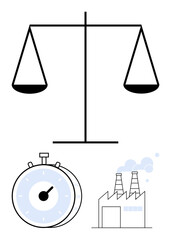Balance scale, stopwatch, and factory convey themes of justice, time management, and industrial integrity. Ideal for law, productivity, ethics, sustainability business decision-making abstract