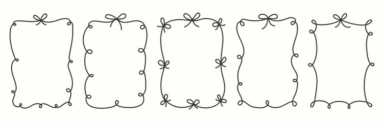 Wavy bow border frames. Set of elegant hand drawn illustrations of bow borders. Hand drawn frames with ribbons.