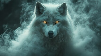 Obraz premium Majestic white wolf with glowing eyes emerging from mystical smoke.