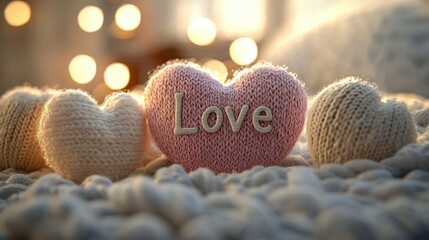 Naklejka premium Delicate knitted hearts in soft colors rest on a fluffy blanket, illuminated by gentle light, conveying a warm sense of love and comfort in a cozy space