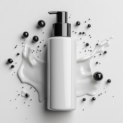 White cosmetic pump bottle surrounded by splashes and black beads, artistic layout, copy space