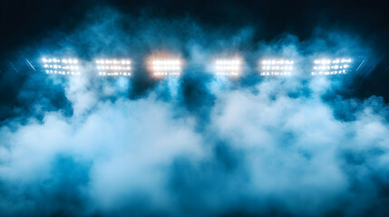 Dramatic stadium arena lights shining through smoke against dark night sky for intense sports atmosphere.illustration © Touqeer
