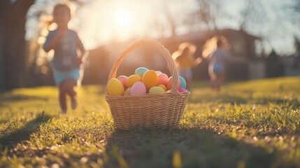 Children joyfully play around a colorful basket filled with Easter eggs, celebrating the festive spirit of the holiday.