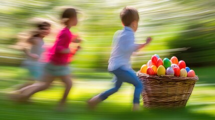 Two children joyfully run with a basket of colorful eggs on a sunny grassy field during Easter festivities.