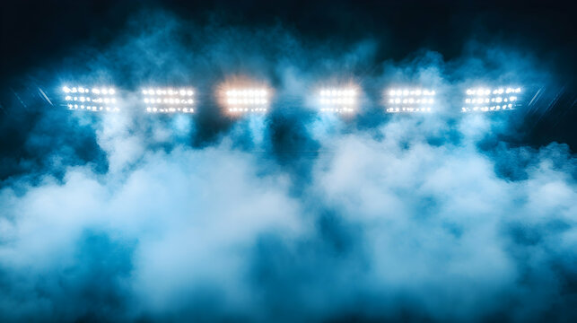 Dramatic stadium arena lights shining through smoke against dark night sky for intense sports atmosphere.illustration