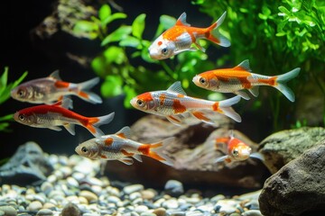 Koi fish gracefully swimming in a tranquil indoor pond surrounded by lush greenery and natural elements