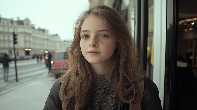 A young woman with shoulder-length light brown hair stands near a storefront on a city street. She's wearing a dark jacket or coat.