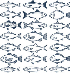 fish illustrated in a flat, line art style. The fish should be diverse in shape and size, showcasing unique characteristics such as fins, scales, and facial features 2.eps
