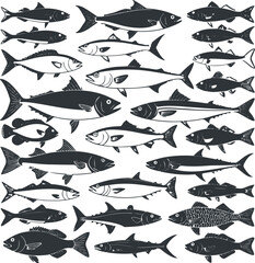 fish illustrated in a flat, line art style. The fish should be diverse in shape and size, showcasing unique characteristics such as fins, scales, and facial features 5.eps