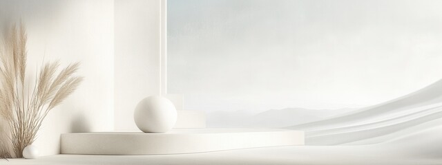 Minimalist White Product Display with Pampas Grass and Sphere Clean Aesthetic Mockup