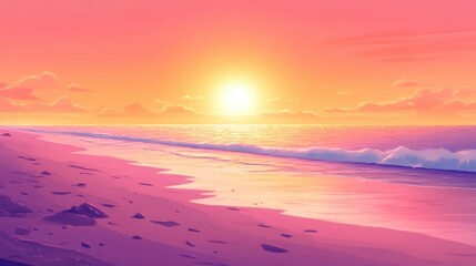 Fototapeta premium Serene Sunset Beach Scene Pink and Orange Ocean Waves at Dusk