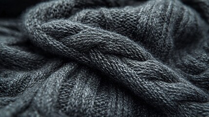 Intricate close-up of a textured gray cable knit fabric detailed design