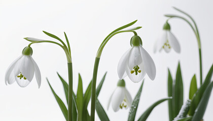 Delicate snowdrop flowers with white petals and green tips are gracefully blooming indoors. The gentle lighting enhances their natural elegance and beauty