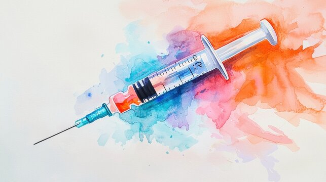 A detailed depiction of a syringe resting on a vibrant watercolor backdrop. The image emphasizes the significance of vaccinations and promotes health awareness in communities
