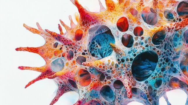 This artwork features a vibrant arrangement of shapes that emulate organic forms. The bright colors and intricate patterns create a captivating visual experience, evoking a sense of wonder