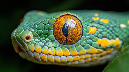 Fototapeta premium A close-up of the head of a green snake with bright, rich details. 
