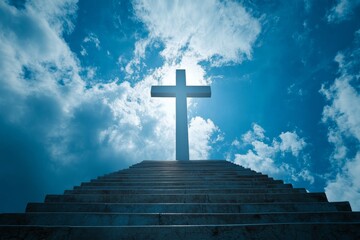 Sunlight shining through cross at top of stone steps under blue sky