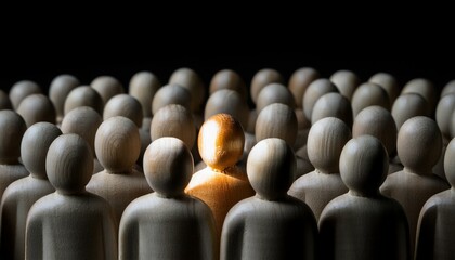 검은 배경 위에서 수많은 회색 형상들이 자리 잡고 있는 가운데, 한 인물만 황금빛을 받으며 주변과 확연히 대비된다