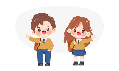 Cute Young man and woman animation cartoon flat design