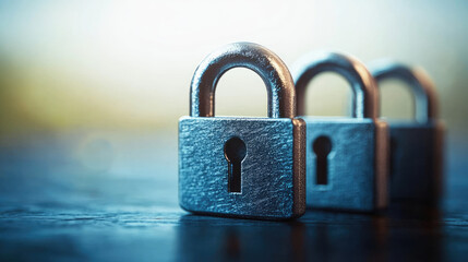 Three metallic padlocks on a wooden surface, symbolizing security and protection.