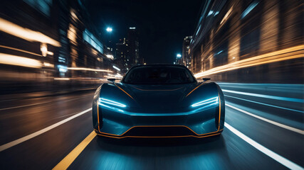 Fototapeta premium Sleek electric car driving through city streets at night with glowing lights
