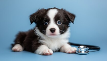 Fototapeta premium Border Collie Puppy With Stethoscope In Veterinary Clinic For Pet Health Care And Treatment: Blue Background, Animal Reception.