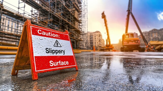A bright warning sign indicates a slippery surface at a construction site, surrounded by machinery and scaffolding under a colorful sky.
