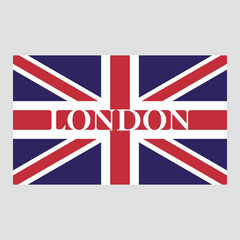 The British flag. A rectangular flag icon with a text in the middle of the flag. London, United Kingdom.